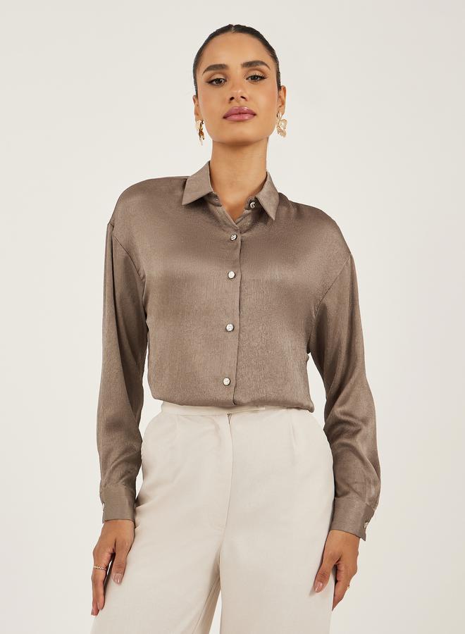 Styli Brown Textured Long Sleeve Oversized Shirt - Image 1