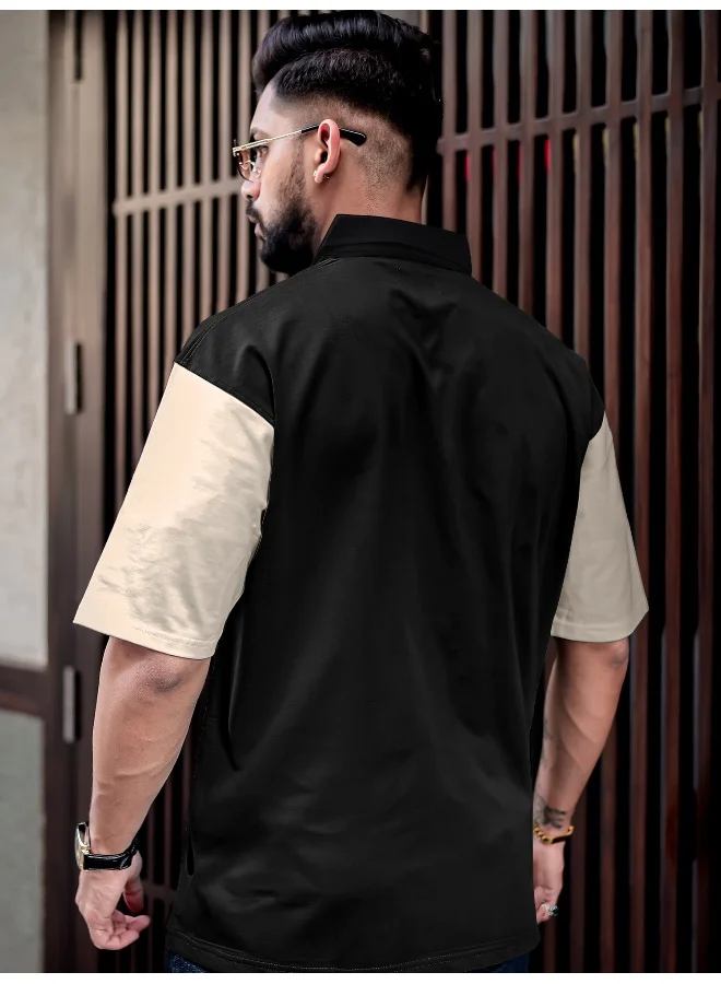 مانياك تيشيرت قطن أسود أوفر سايز بأكمام 3/4 ورقبة بولو مطبوعة للرجال من مانياك