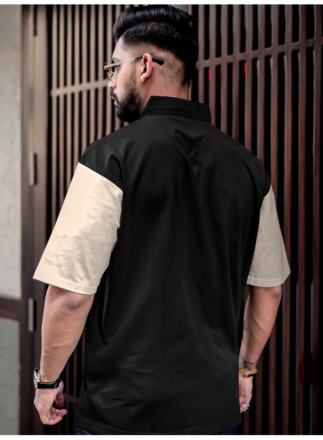 Maniac Mens Printed Polo Neck Half Sleeve Black and Beige Cotton Oversized T-Shirt - Image 2
