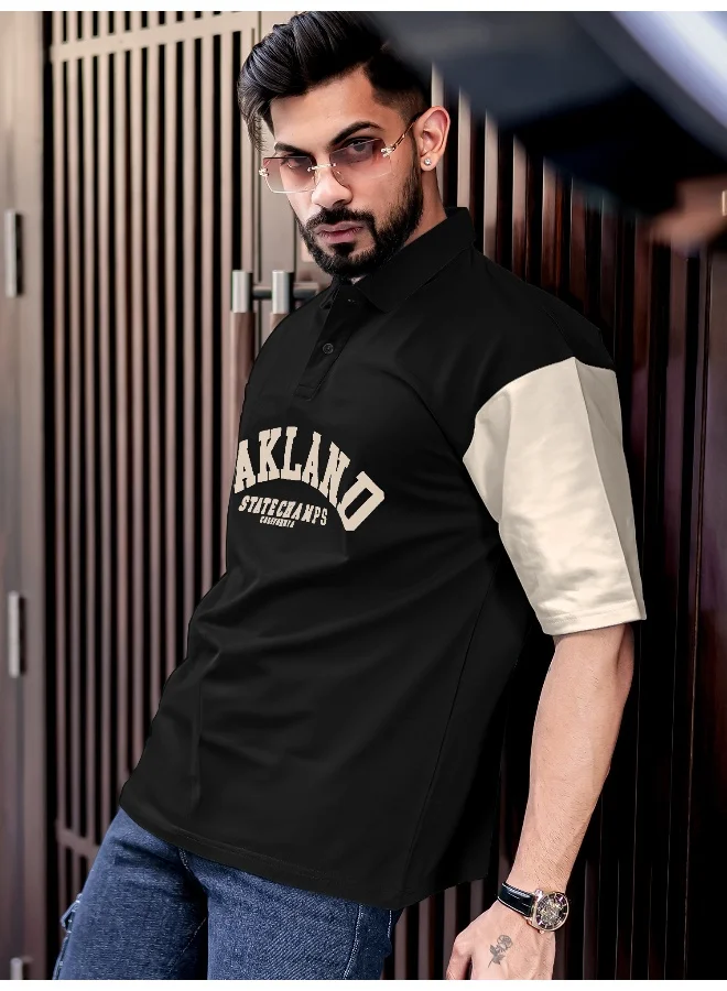 Maniac  Maniac Mens Printed Polo Neck Half Sleeve Black and Beige Cotton Oversized T-Shirt for Men | Best Price UAE