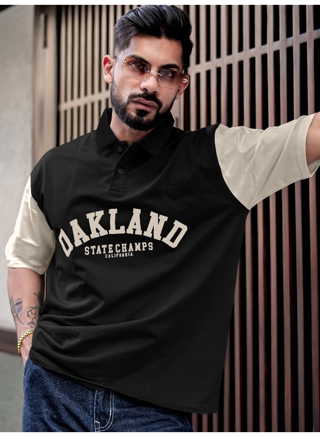 Maniac Mens Printed Polo Neck Half Sleeve Black and Beige Cotton Oversized T-Shirt - Image 1