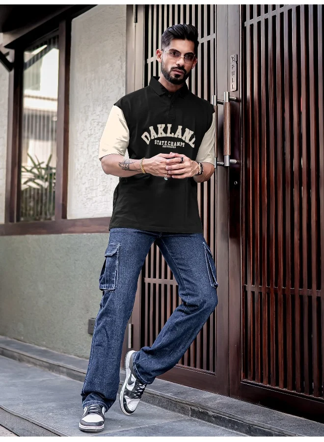 Maniac  Maniac Mens Printed Polo Neck Half Sleeve Black and Beige Cotton Oversized T-Shirt for Men | Best Price UAE