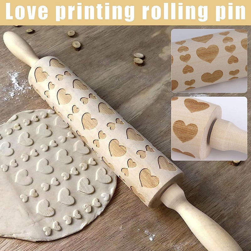 Arkit Rolling Pin Wooden Heart Engraved Embossing Rolling Pin with Design for Baking3D NonStick Rolling Pin for Fondant Cake Pizza Dim Sum Pasta CookiesWooden Dough Roller Pin - Image 3