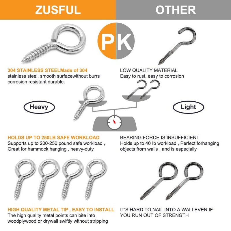 ZUSFUL 6 Pcs M6 304 Stainless Steel Screw Eye Hooks, 2-1/2 Inches Eyes Screw Hooks,Heavy Duty Screw Eye Bolt,Load Bearing 200LB,Indoor & Outdoor Use - Image 3