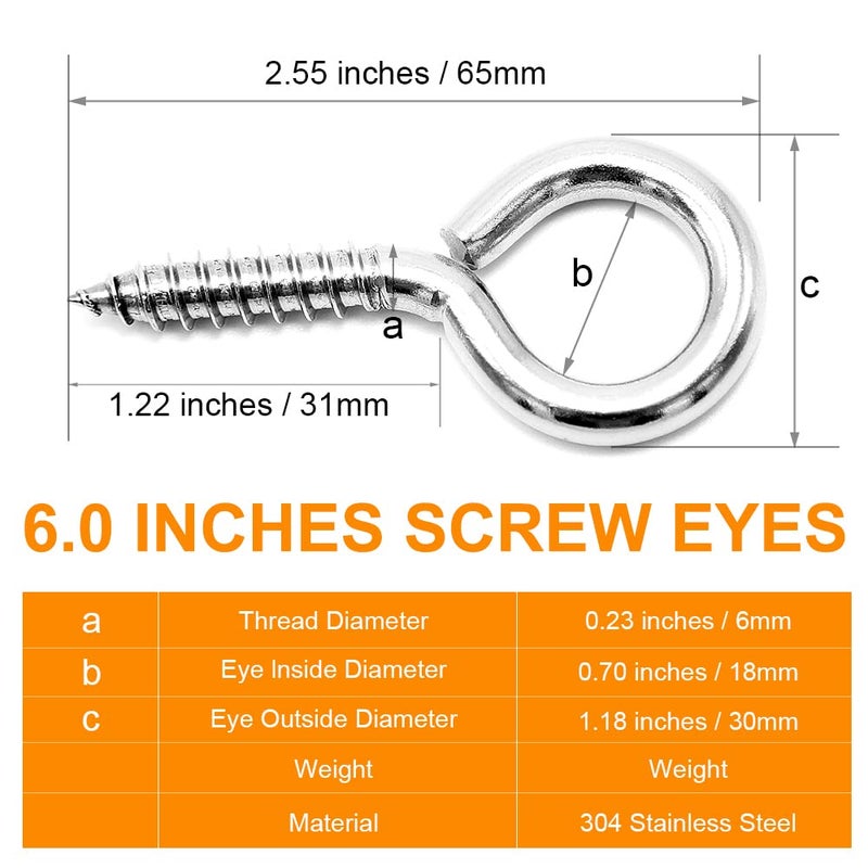 ZUSFUL 6 Pcs M6 304 Stainless Steel Screw Eye Hooks, 2-1/2 Inches Eyes Screw Hooks,Heavy Duty Screw Eye Bolt,Load Bearing 200LB,Indoor & Outdoor Use - Image 2