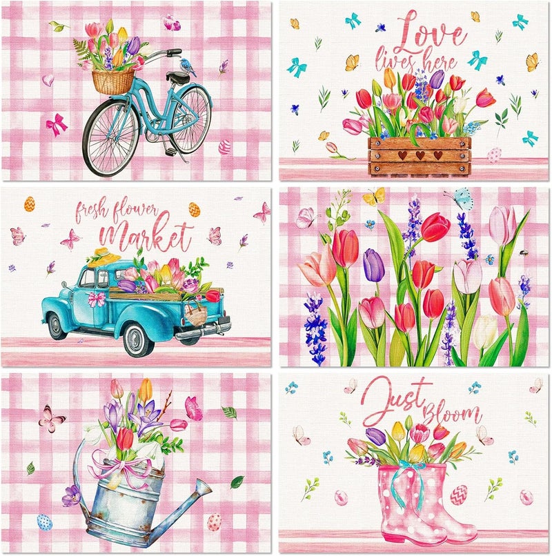 Mindsoft Set of 6 Easter Placemats 12 x 18 Inch Tulip Spring Table Mats Rustic Vintage Dining Table Place Mats for Home Farmhouse Kitchen Seasonal Summer DecorationTulip - Image 1