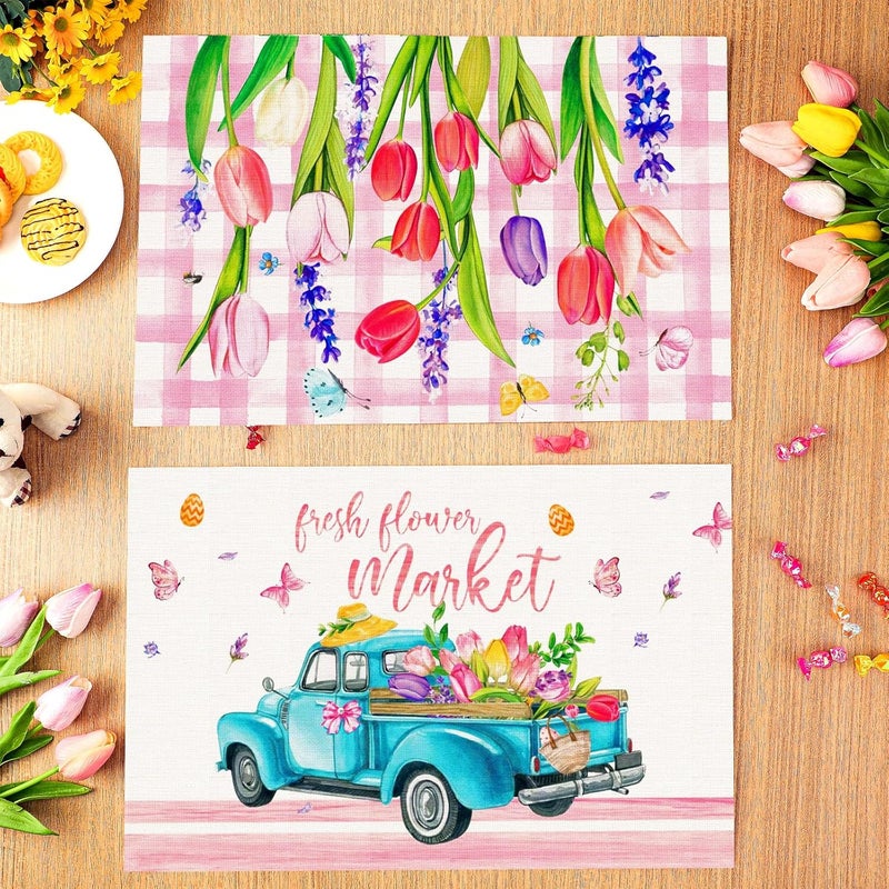 Mindsoft Set of 6 Easter Placemats 12 x 18 Inch Tulip Spring Table Mats Rustic Vintage Dining Table Place Mats for Home Farmhouse Kitchen Seasonal Summer DecorationTulip - Image 2