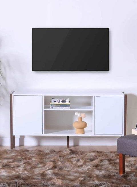 Modern TV Unit – White & Walnut – Dual Cabinets with Open Shelf