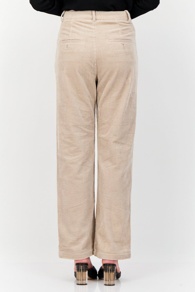 ESPRIT Women Regular Fit Textured Corduroy Pants, Taupe - Image 3