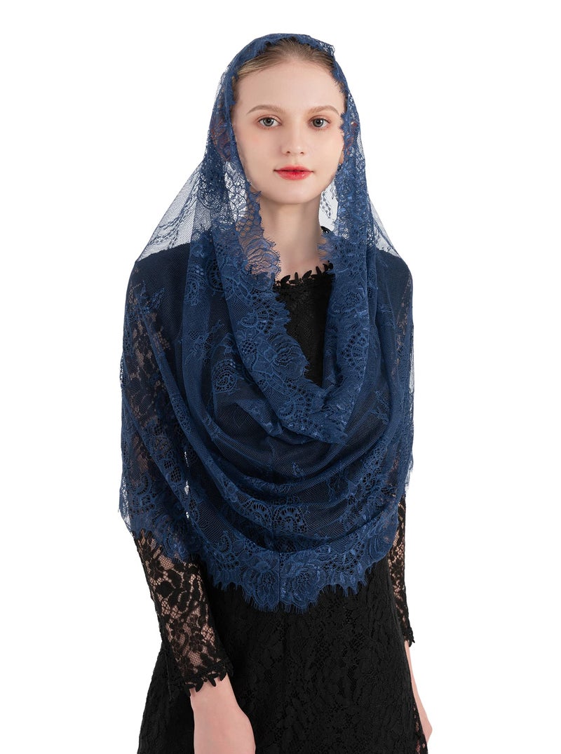 PAMOR Spanish Style Lace Traditional Vintage Inspired Infinity Shape Mantilla Veil Latin Mass Head Covering (Navy Blue) - Image 1