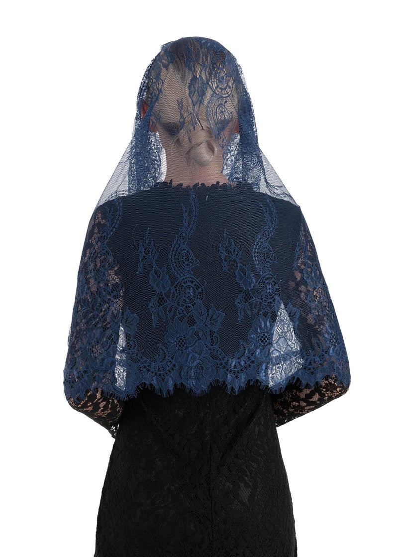 PAMOR Spanish Style Lace Traditional Vintage Inspired Infinity Shape Mantilla Veil Latin Mass Head Covering (Navy Blue) - Image 3