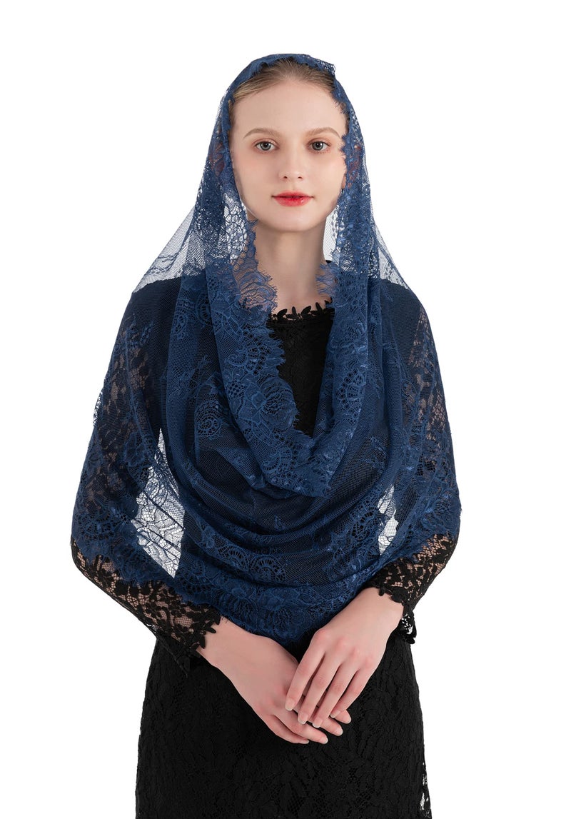 PAMOR Spanish Style Lace Traditional Vintage Inspired Infinity Shape Mantilla Veil Latin Mass Head Covering (Navy Blue) - Image 2