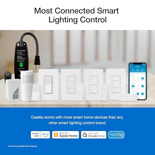 LUTRON مجموعة مفتاح ديمر ذكي ثلاثي من لوتрон كاسيتا، تشمل جهاز تحكم بيكو، وحامل، ومفتاح ديمر LED، لا يتطلب سلك محايد، P-PKG1WB-WH - Image 3