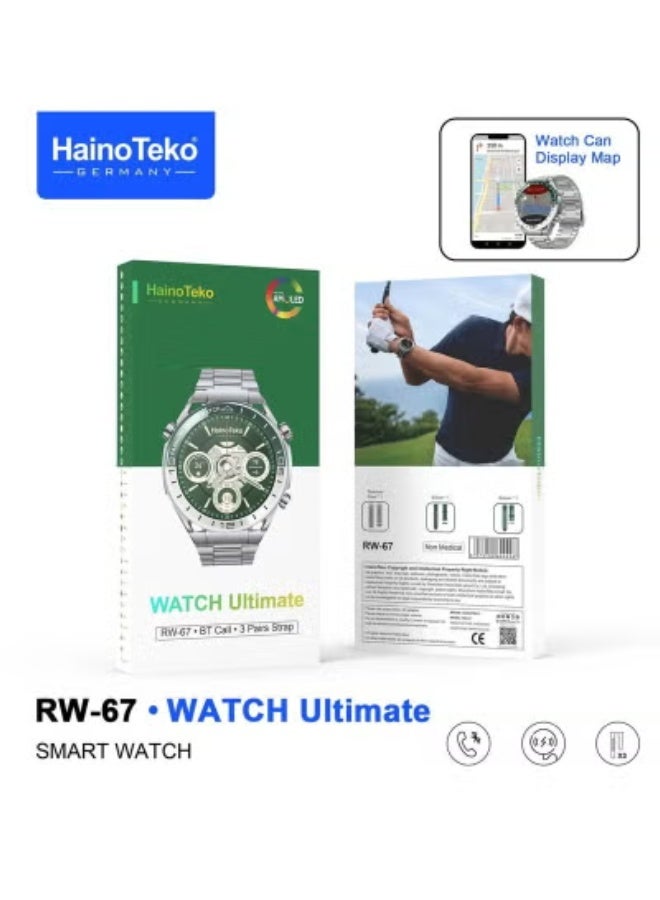 HainoTeko RW-67 Ultimate Smart Watch – 1.43" AMOLED Full Touch Display with Bluetooth Calling, 3 Stylish Interchangeable Straps, All-Day Health Monitoring, Multiple Sports Modes, Smart Notifications & Long Battery Life – Sleek Silver Fitness & Lifestyle Watch for Men & Women - Image 3