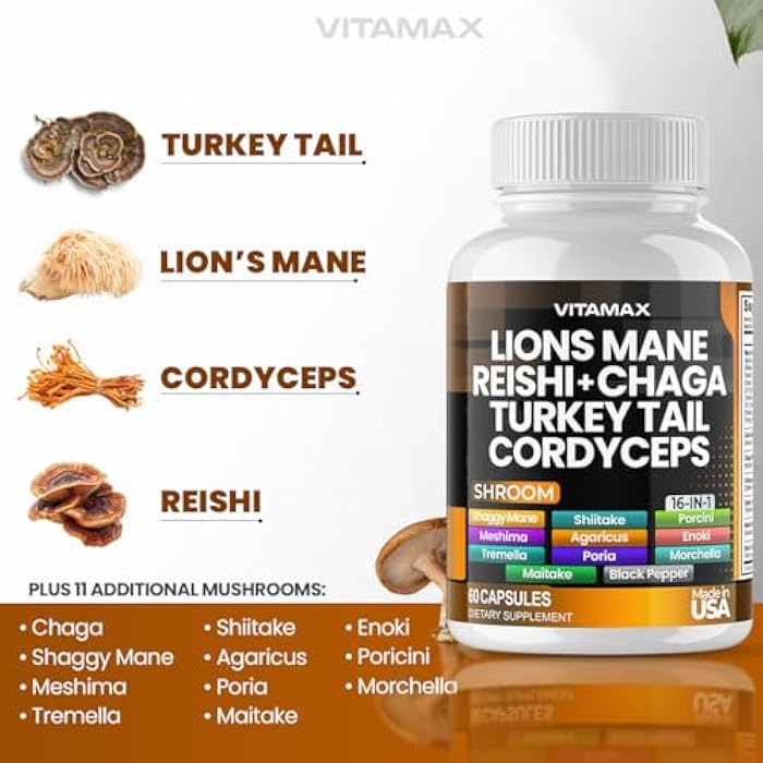 Vitamax Lions Mane Mushroom, Turkey Tail, Chaga & Reishi, Cordyceps Shiitake White Elm King Trumpet Nameko Oyster Porcini Focus & Energy - Made in USA (60 Capsules (Pack of 1)) - Image 2