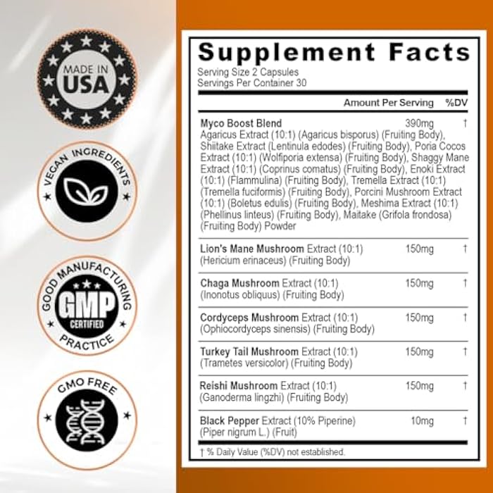 Vitamax Lions Mane Mushroom, Turkey Tail, Chaga & Reishi, Cordyceps Shiitake White Elm King Trumpet Nameko Oyster Porcini Focus & Energy - Made in USA (60 Capsules (Pack of 1)) - Image 4