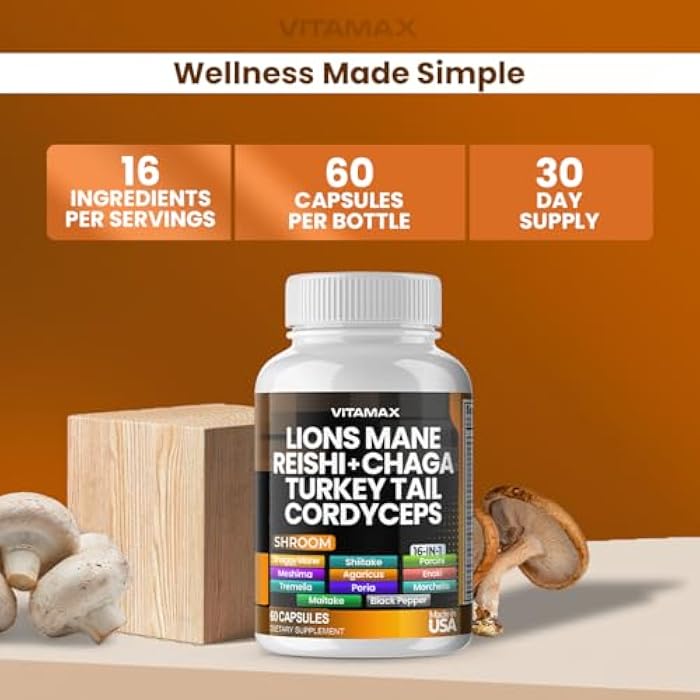 Vitamax Lions Mane Mushroom, Turkey Tail, Chaga & Reishi, Cordyceps Shiitake White Elm King Trumpet Nameko Oyster Porcini Focus & Energy - Made in USA (60 Capsules (Pack of 1)) - Image 5