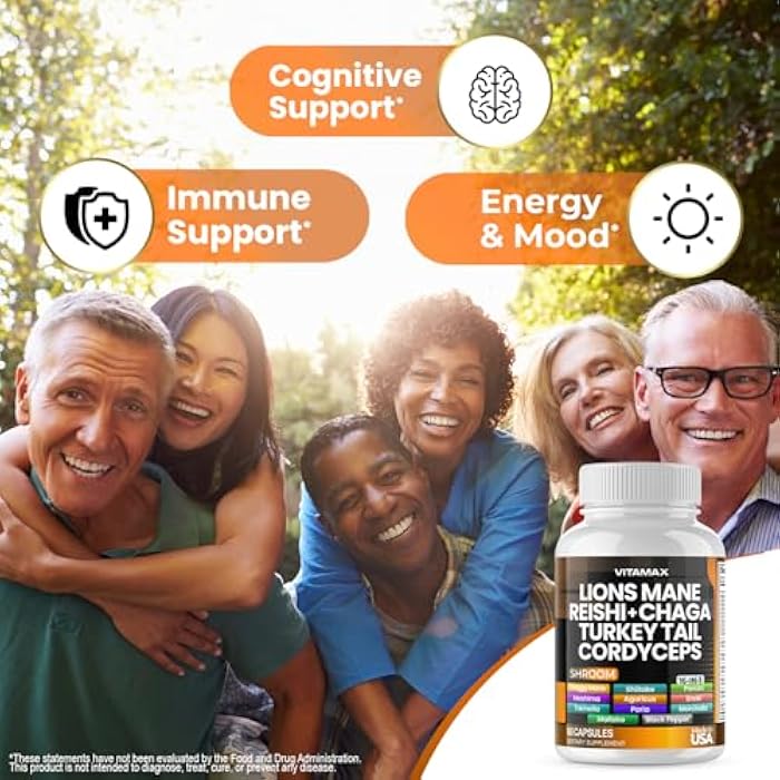 Vitamax Lions Mane Mushroom, Turkey Tail, Chaga & Reishi, Cordyceps Shiitake White Elm King Trumpet Nameko Oyster Porcini Focus & Energy - Made in USA (60 Capsules (Pack of 1)) - Image 3