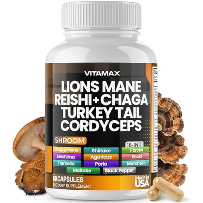 Vitamax Lions Mane Mushroom, Turkey Tail, Chaga & Reishi, Cordyceps Shiitake White Elm King Trumpet Nameko Oyster Porcini Focus & Energy - Made in USA (60 Capsules (Pack of 1)) - Image 1