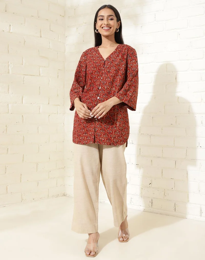 فاب انديا Red Cotton Printed Tunic