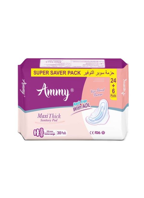 Ammy Maxi Thick Rash Free Sanitary Pads, Super Saver Pack XL (Value Bundle 24+6)