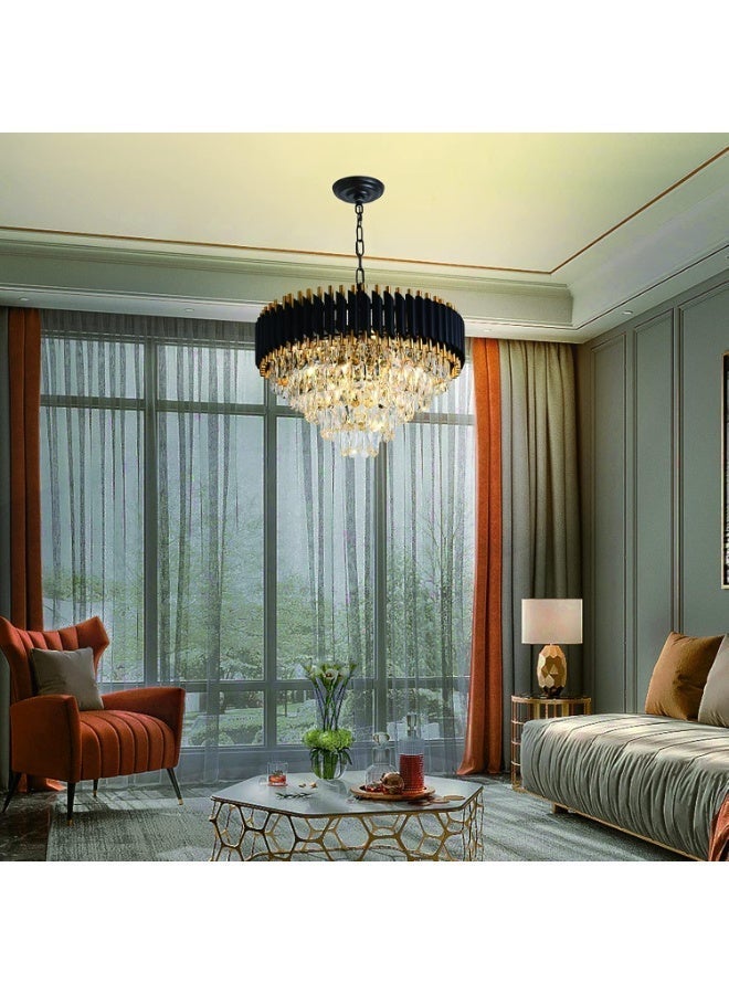 Gold Modern Crystal Chandelier, 5-Tier Round K9 Crystal Ceiling Light Fixture with 12 Lights, Black & Gold Large Luxury Hanging Lamp for Dining Room, Living Room, Bedroom, or Entryway - Image 2