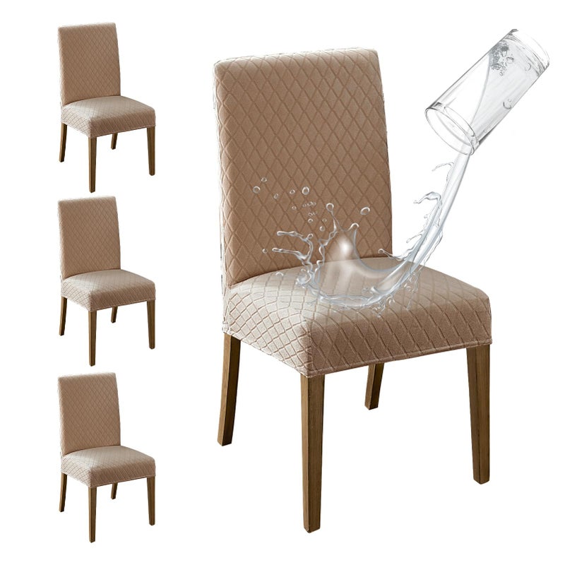 MOSAYT 100% Waterproof Dining Room Chair Covers Set of 4, Super Fit Stretch Jacquard Parson Chairs Slipcovers Removable Washable Chair Seat Protectors for Home, Kitchen, Banquet (Khaki) - Image 1
