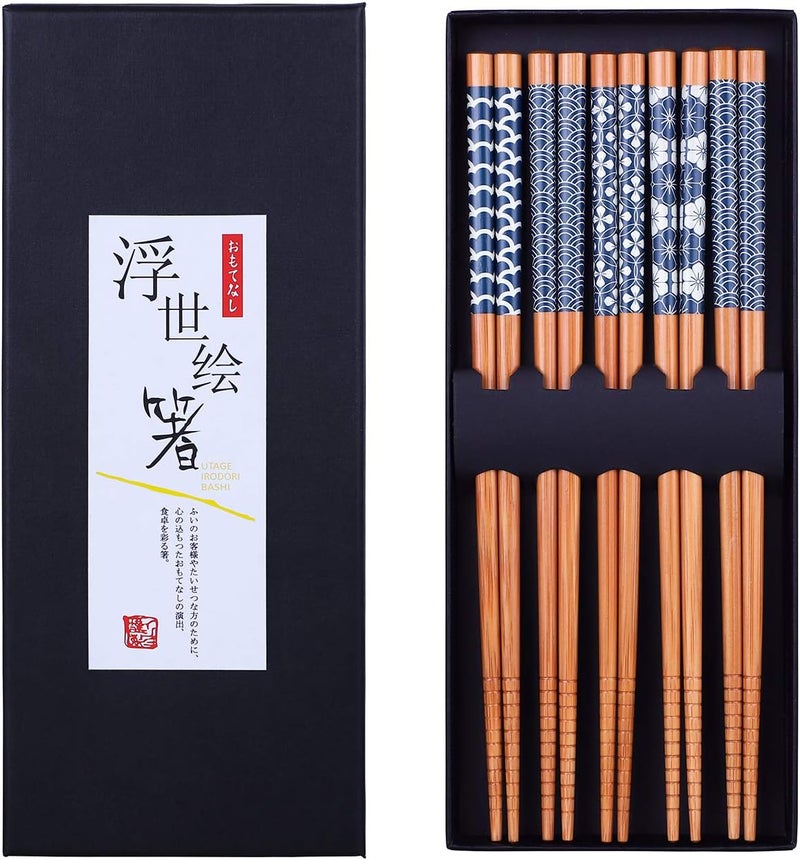 Antner 5 Pairs Natural Bamboo Chopsticks Reusable Classic Japanese Style Chop Sticks Gift Sets, Dishwasher Safe, 8.8 Inch/22.5cm - Image 1