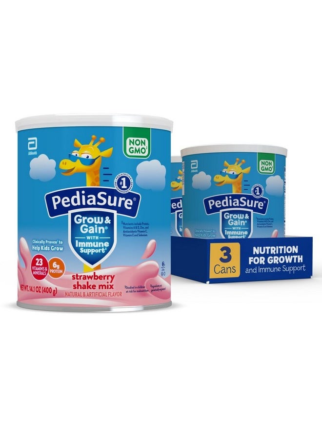 بدياشور مسحوق مزيج شيك PediaSure Grow & Gain with Immune Support Shake، 23 فيتامين ومعادن، 6 جرام بروتين، يساعد الأطفال على اللحاق بالنمو، خالٍ من الكائنات المعدلة وراثيًا، خالٍ من الجلوتين، فراولة، علبة 14.1 أونصة، 3 علب - 24 وجبة  - Image 1