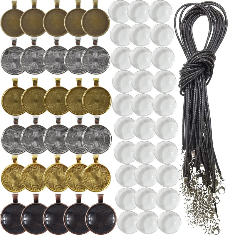 ROYHOO 90PCS Rhinestone Bezel Pendant Trays Set 30PCS Cabochon Pendant Setting 30PCS Clear Glass Cabochons and 30PCS Waxed Necklace Cord for Photo Pendant DIY Jewelry Making6 Colors