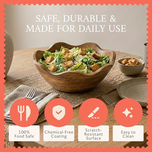 Mela Artisans 12” & 10” Scalloped Mango Wood Bowls Set of 2 – Wooden Salad Bowl Set, Wooden Fruit Basket for Kitchen & Table Display - Image 4
