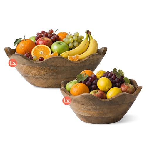 Mela Artisans 12” & 10” Scalloped Mango Wood Bowls Set of 2 – Wooden Salad Bowl Set, Wooden Fruit Basket for Kitchen & Table Display - Image 1