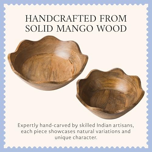 Mela Artisans 12” & 10” Scalloped Mango Wood Bowls Set of 2 – Wooden Salad Bowl Set, Wooden Fruit Basket for Kitchen & Table Display - Image 5