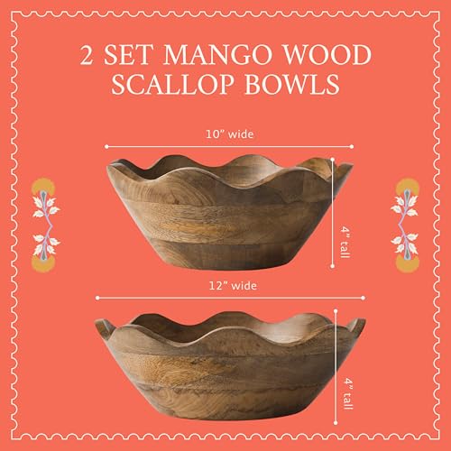 Mela Artisans 12” & 10” Scalloped Mango Wood Bowls Set of 2 – Wooden Salad Bowl Set, Wooden Fruit Basket for Kitchen & Table Display - Image 3
