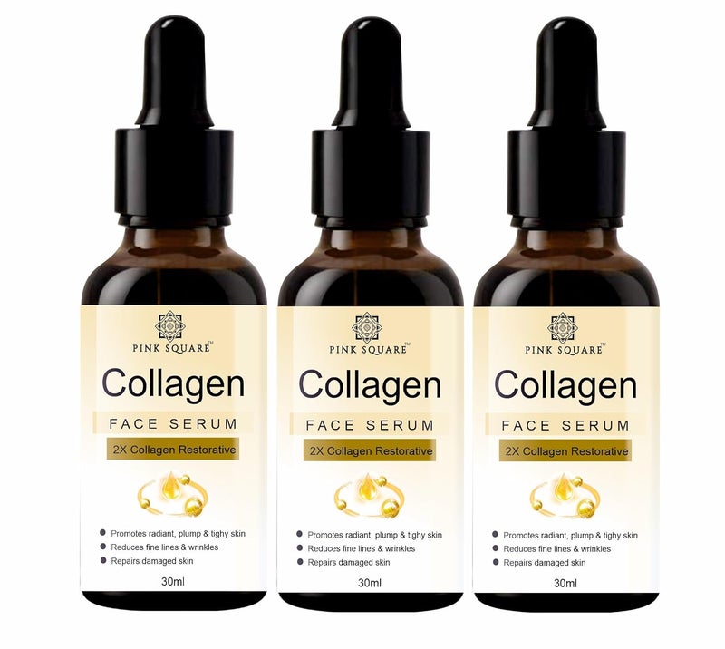 Pink Square Collagen Face Serum with Yarrow Extract Antioxidants for Dull Ageing Skin Collagen Booster Skin Hydration All Skin Types for Men Women 30ml Pack of 3 - Image 1