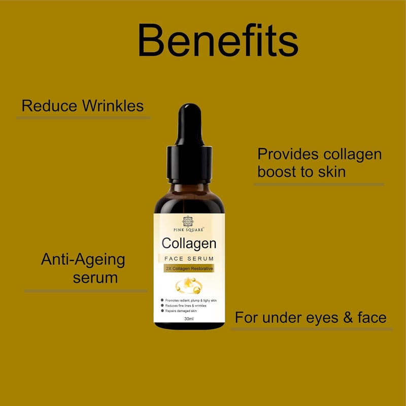 Pink Square Collagen Face Serum with Yarrow Extract Antioxidants for Dull Ageing Skin Collagen Booster Skin Hydration All Skin Types for Men Women 30ml Pack of 3 - Image 5