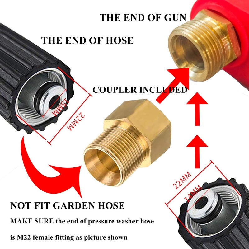 Hourleey Pressure Washer Gun, Red High Power Washer Gun with Replacement Wand Extension, 5 Nozzle Tips, M22 Fittings, 40 Inch, 5000 PSI - Image 4