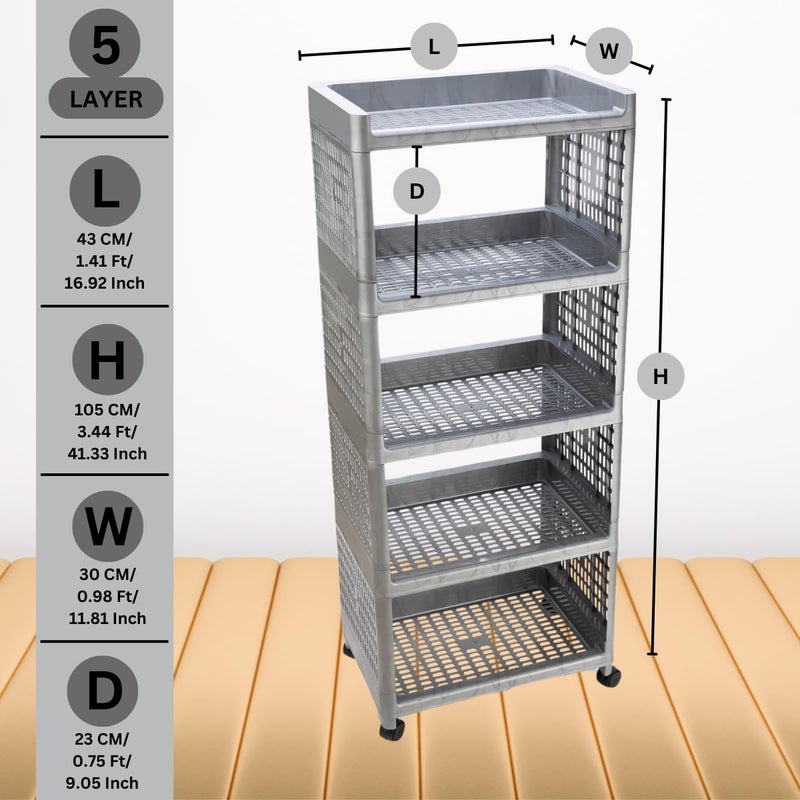 FOROLY Kitchen Storage Trolley Rack Racks for Storage Multipurpose Shelf Kitchen Organizer Trolley Rack Stands for Kitchen Storage Kitchen Stands and Racks 5 Layer Silver - Image 2