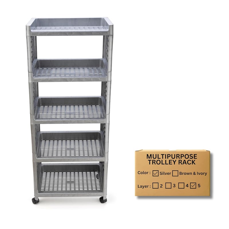 FOROLY Kitchen Storage Trolley Rack Racks for Storage Multipurpose Shelf Kitchen Organizer Trolley Rack Stands for Kitchen Storage Kitchen Stands and Racks 5 Layer Silver - Image 1