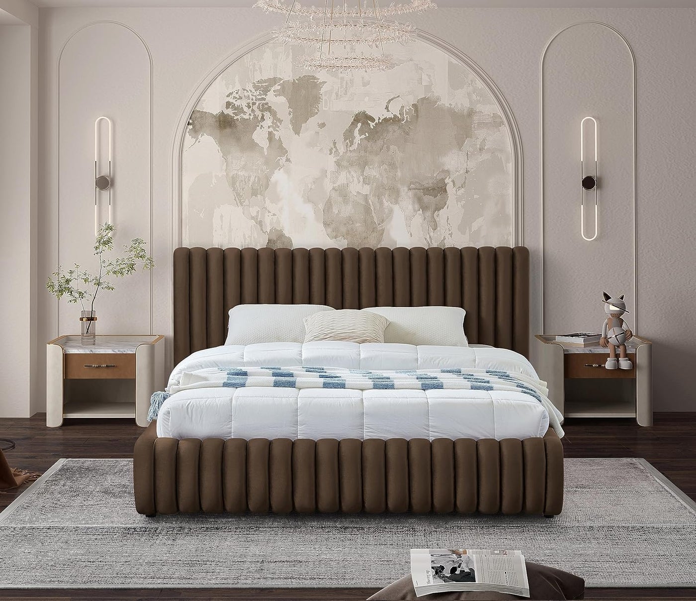 Poppins HOME Luxury Italian Velvet Upholstered Bed Frame with Vertical Channel Headboard - Modern Designer Bed (Brown, 200x200cm)