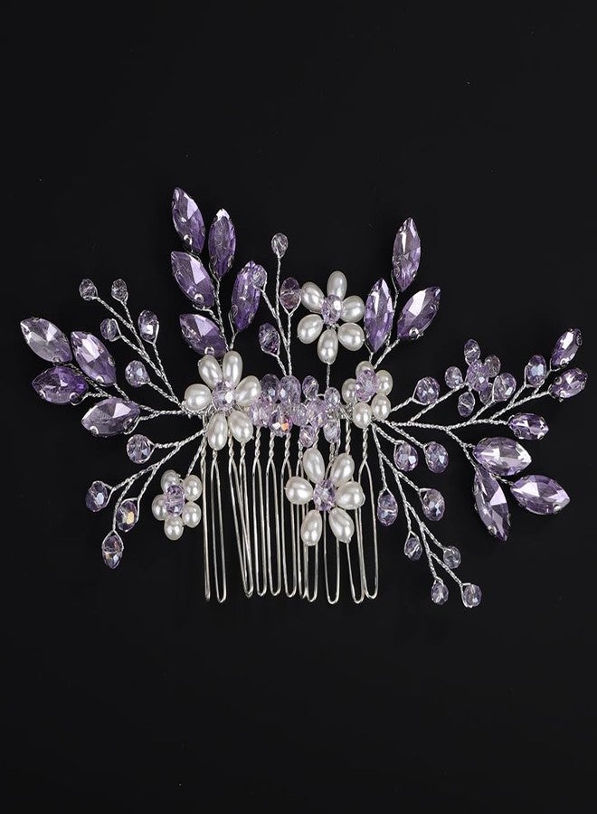 BERYUAN Purple Rhinestone Crystal Pearls Flowers Hair Comb Crystal Rhinestone Wedding Bridal Hair Comb Purple Rhinestone Bridal Headpiece Flowers Pearls Hair Side Comb for Brides Bridesmaid (purple) - Image 1