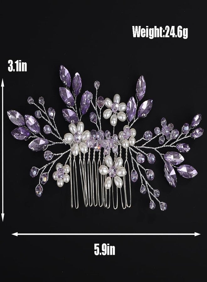 BERYUAN Purple Rhinestone Crystal Pearls Flowers Hair Comb Crystal Rhinestone Wedding Bridal Hair Comb Purple Rhinestone Bridal Headpiece Flowers Pearls Hair Side Comb for Brides Bridesmaid (purple) - Image 2