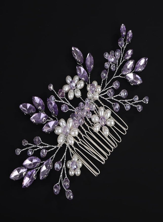 BERYUAN Purple Rhinestone Crystal Pearls Flowers Hair Comb Crystal Rhinestone Wedding Bridal Hair Comb Purple Rhinestone Bridal Headpiece Flowers Pearls Hair Side Comb for Brides Bridesmaid (purple) - Image 3