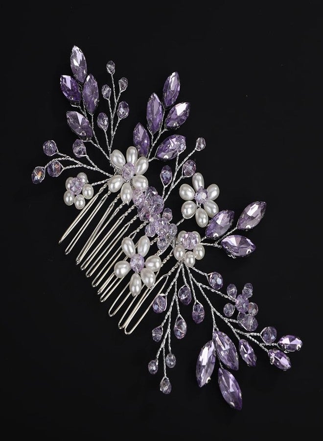 BERYUAN Purple Rhinestone Crystal Pearls Flowers Hair Comb Crystal Rhinestone Wedding Bridal Hair Comb Purple Rhinestone Bridal Headpiece Flowers Pearls Hair Side Comb for Brides Bridesmaid (purple) - Image 4