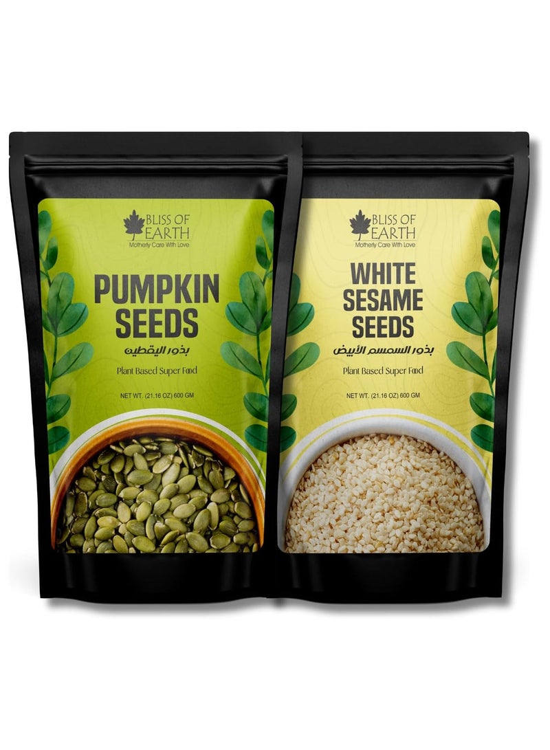 Bliss of Earth Pumpkin and White Sesame Seeds Combo for Weight Loss Plant-Based Seeds for Eating Smoothies and Baking High Protein Superfood White Sesame and Pumpkin Seed Fiber and Omega-3 Rich – 600 gm Each - Image 1