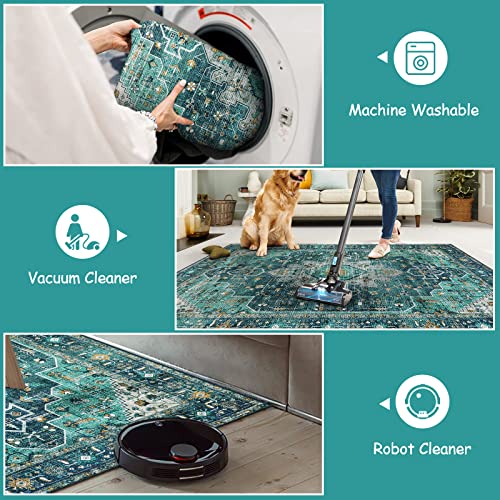 Moynesa Ultra-Thin Washable Area Rug - 2x3 Teal Small Entryway Rug Front Indoor Doormat, Boho Non-Slip Stain Resistance Low Pile Accent Carpet for Kitchen Bathroom Home Laundry Room Hall Decor - Image 3