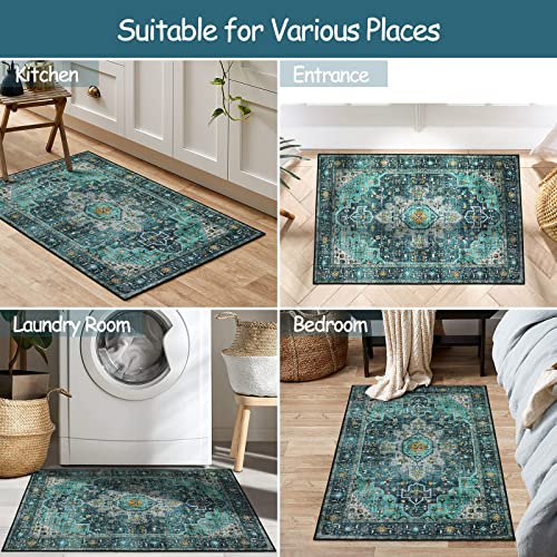 Moynesa Ultra-Thin Washable Area Rug - 2x3 Teal Small Entryway Rug Front Indoor Doormat, Boho Non-Slip Stain Resistance Low Pile Accent Carpet for Kitchen Bathroom Home Laundry Room Hall Decor - Image 5