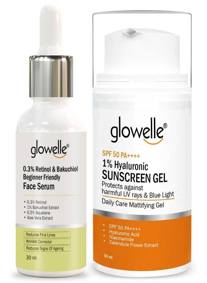 سيروم الوجه Glowelle بتركيز 0.3% ريتينول، مناسب للمبتدئين، سيروم ليلي مع باكوشيول لتقليل الخطوط الدقيقة، مصحح للتجاعيد - 30 مل، وجل واقي من الشمس بحمض الهيالورونيك بتركيز 1% مع عامل حماية من الشمس SPF 50 PA، لا يترك طبقة بيضاء - 50 مل