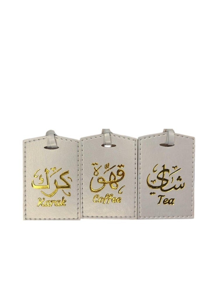 Bayti H.H. Selsela Leather Hanging Tags – Elegant Dallah Name Labels for Tea, Karak & Coffee Set C ( Off White Set of 3)