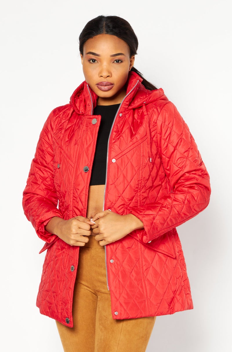 London Fog Women Hooded Plain Quilted Jacket, Red - Image 1